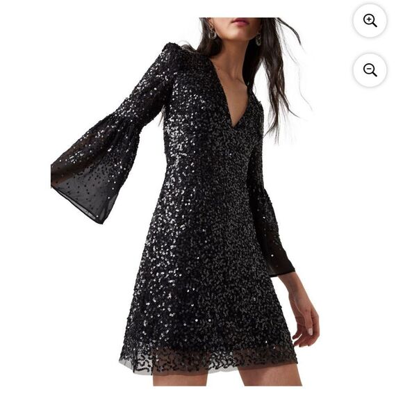 CELLIENNE SEQUINED PLUNGING COCKTAIL AND PARTY DRESS belle sleeve - Picture 2 of 11